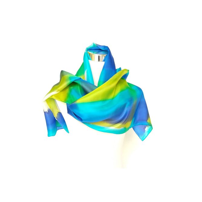 Gran bufanda de seda abstracta en azul y lima: elegante accesorio de moda para mujer, 45 x 183 cm