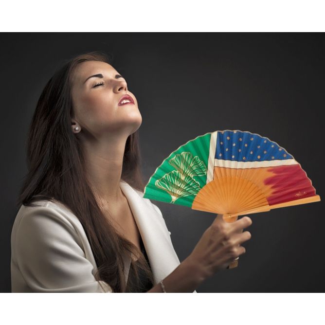 Abanico de seda pintado a mano en verde y azul / Abanico plegable geométrico y floral / Regalo artesanal español de lujo