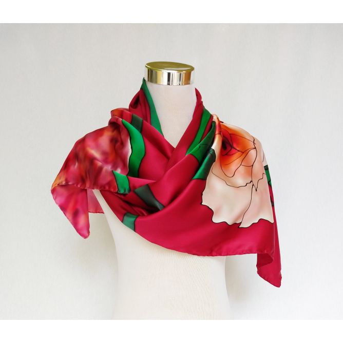 Bufanda de seda con flores para bodas: flores rojas artísticas, declaración de moda de lujo, 18 x 72 pulgadas