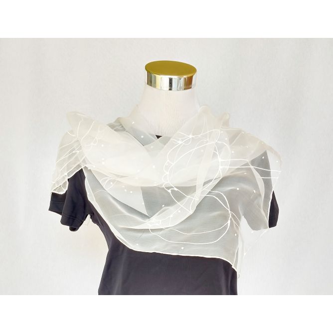 PAÑUELO DE SEDA DE GASA, Chal con diseño floral pintado a mano, Chal de seda blanco, Pañuelo de seda con flores, Chal de boda de verano, 18 x 72 pulgadas