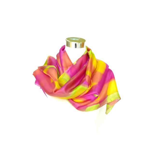 Bufanda de seda colorida con estampados en amarillo y fucsia: arte elegante para llevar puesto - 18 x 72 pulgadas