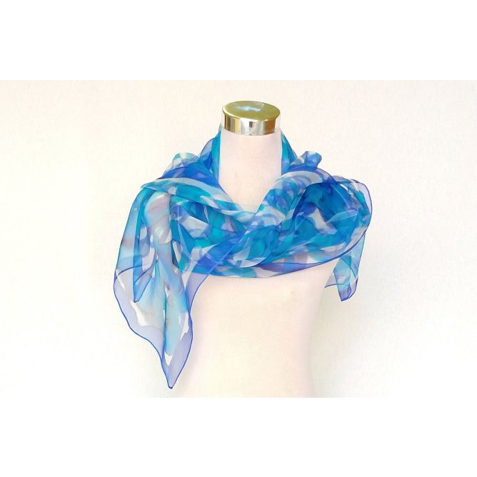 Bufanda de seda de gasa azul pintada a mano, chal formal para eventos, regalo para mujeres elegantes, 18 x 72 pulgadas