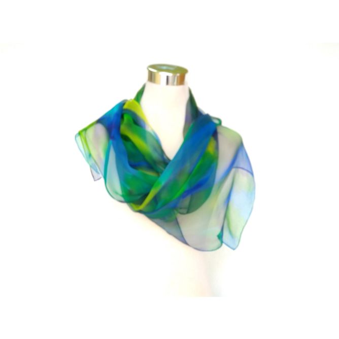 Bufanda de seda grande azul pintada a mano, chal ligero de gasa de seda verde limón, bufanda de seda de lujo para regalo de mamá