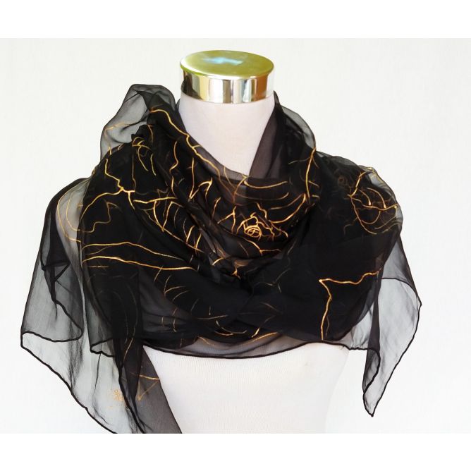 Bufanda de seda floral de lujo, chal pintado a mano negro, bufanda de seda de flores grandes, envoltura de boda de verano, regalo de la madre de la novia