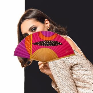 Abanico de seda geométrico llamativo / Abanico plegable rosa y naranja pintado a mano / Abanico español artístico único / Regalo de lujo