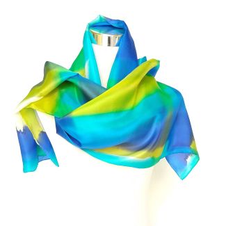 Gran bufanda de seda abstracta en azul y lima: elegante accesorio de moda para mujer, 45 x 183 cm