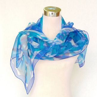 Bufanda de seda de gasa azul pintada a mano, chal formal para eventos, regalo para mujeres elegantes, 18 x 72 pulgadas