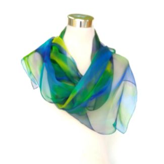 Bufanda de seda grande azul pintada a mano, chal ligero de gasa de seda verde limón, bufanda de seda de lujo para regalo de mamá