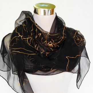 Bufanda de seda floral de lujo, chal pintado a mano negro, bufanda de seda de flores grandes, envoltura de boda de verano, regalo de la madre de la novia