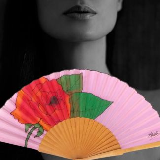 Abanico de seda color lavanda claro pintado a mano / Elegante abanico plegable floral con rosa roja / Regalo artesanal español de lujo