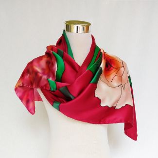 Bufanda de seda con flores para bodas: flores rojas artísticas, declaración de moda de lujo, 18 x 72 pulgadas